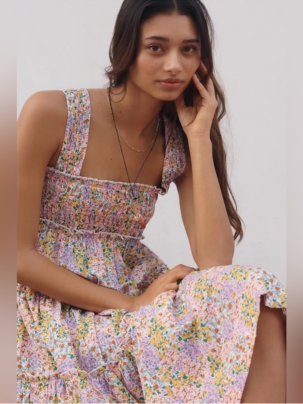 NWOT Anthropologie Helena Floral Smocked Midi Dress Pink Sz Large Cottagecore - Picture 3 of 5